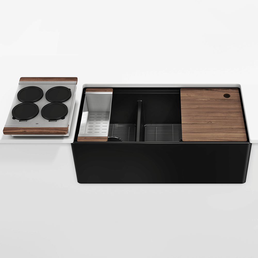 Julien Fira · Kit Tarja de Fireclay de Dos Tazones con Accesorios de Nogal — Negro Mate