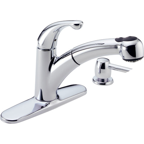 Delta Palo™ Llave extensible para cocina de una manija con dispensador de jabón