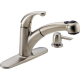 Delta Palo™ Llave extensible para cocina de una manija con dispensador de jabón