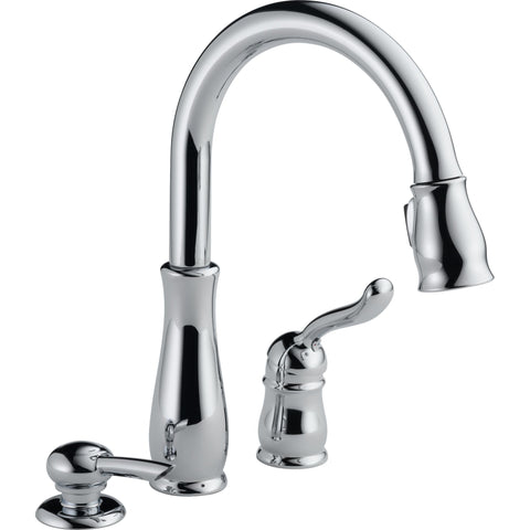 Delta Leland® Llave de una manija con tubo de salida deslizable para cocina con dispensador de jabón