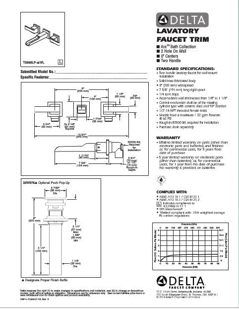 Delta Ara™ Llave de dos manijas de montaje en pared para lavamanos con tubo de salida de canaleta