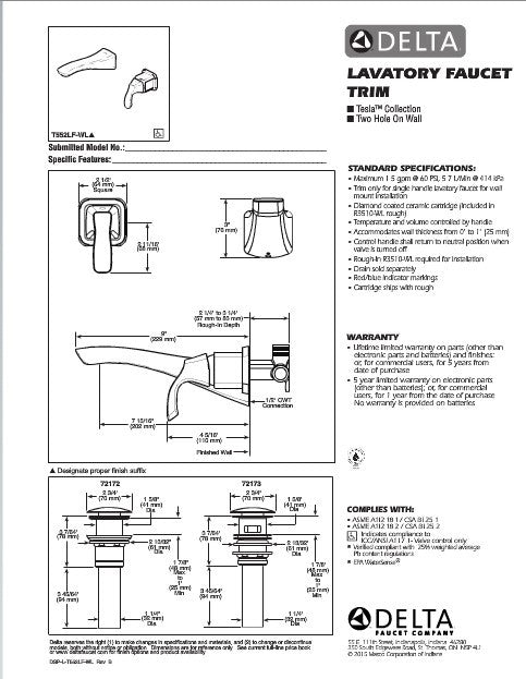 Delta Tesla™ Single Handle Wall Mount Lavatory Faucet