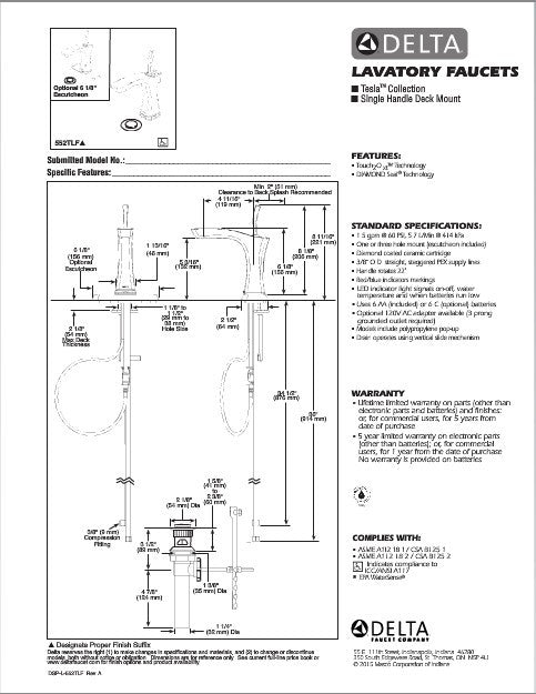 Delta Tesla™ Single Hole - Single Handle-4″ plate