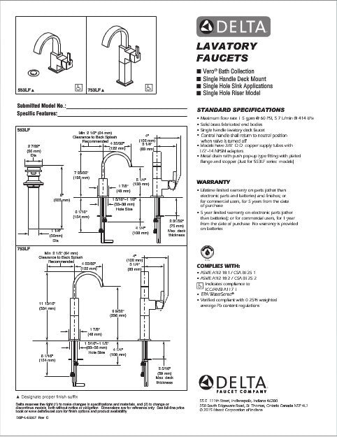 Delta Vero™ Llave de combinación de una manija para lavamanos con elevador, sin emergente