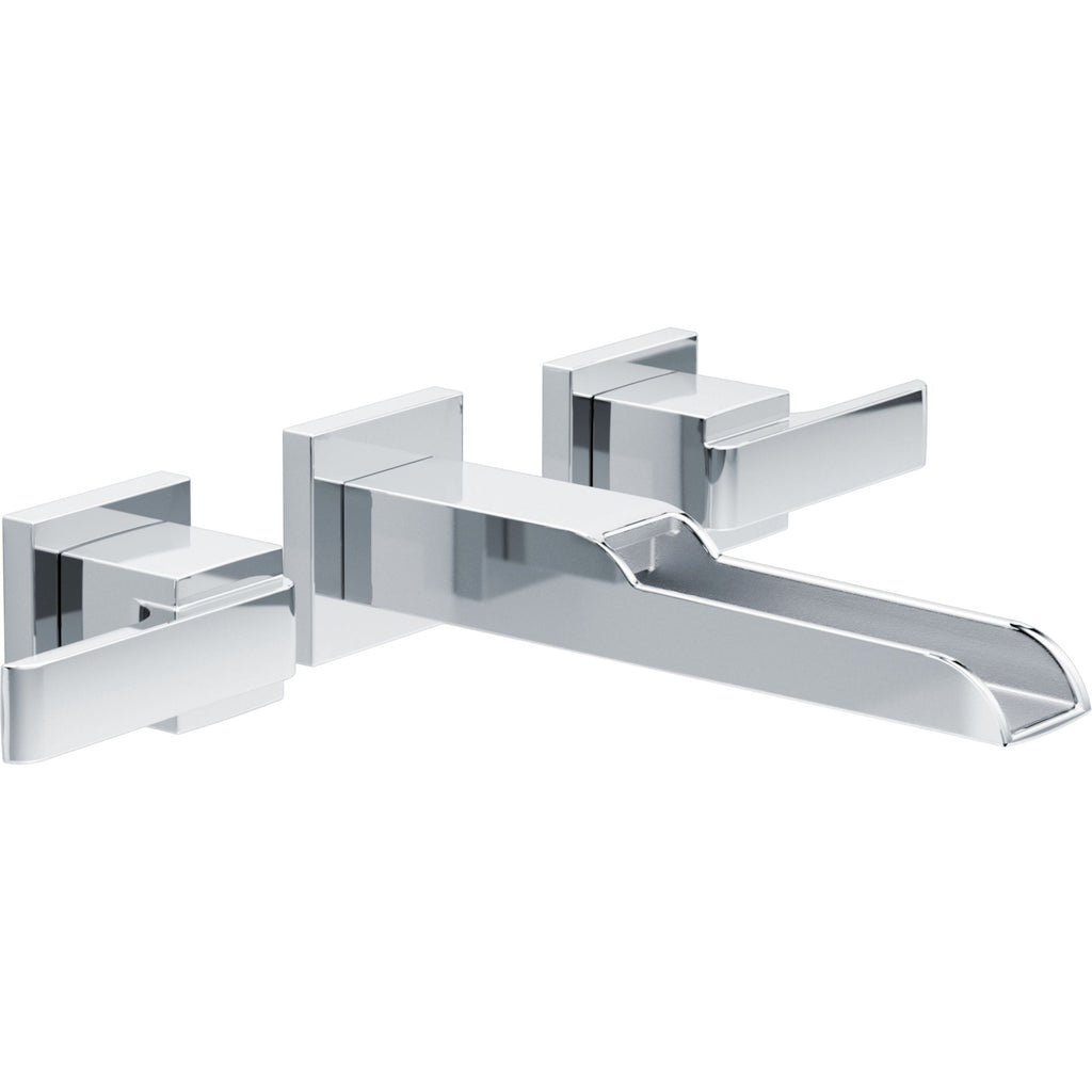 Delta Ara™ Llave de dos manijas de montaje en pared para lavamanos con tubo de salida de canaleta