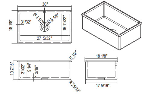 Shaws Classic Single Bowl Modern Undermount Fireclay Kitchen Sink